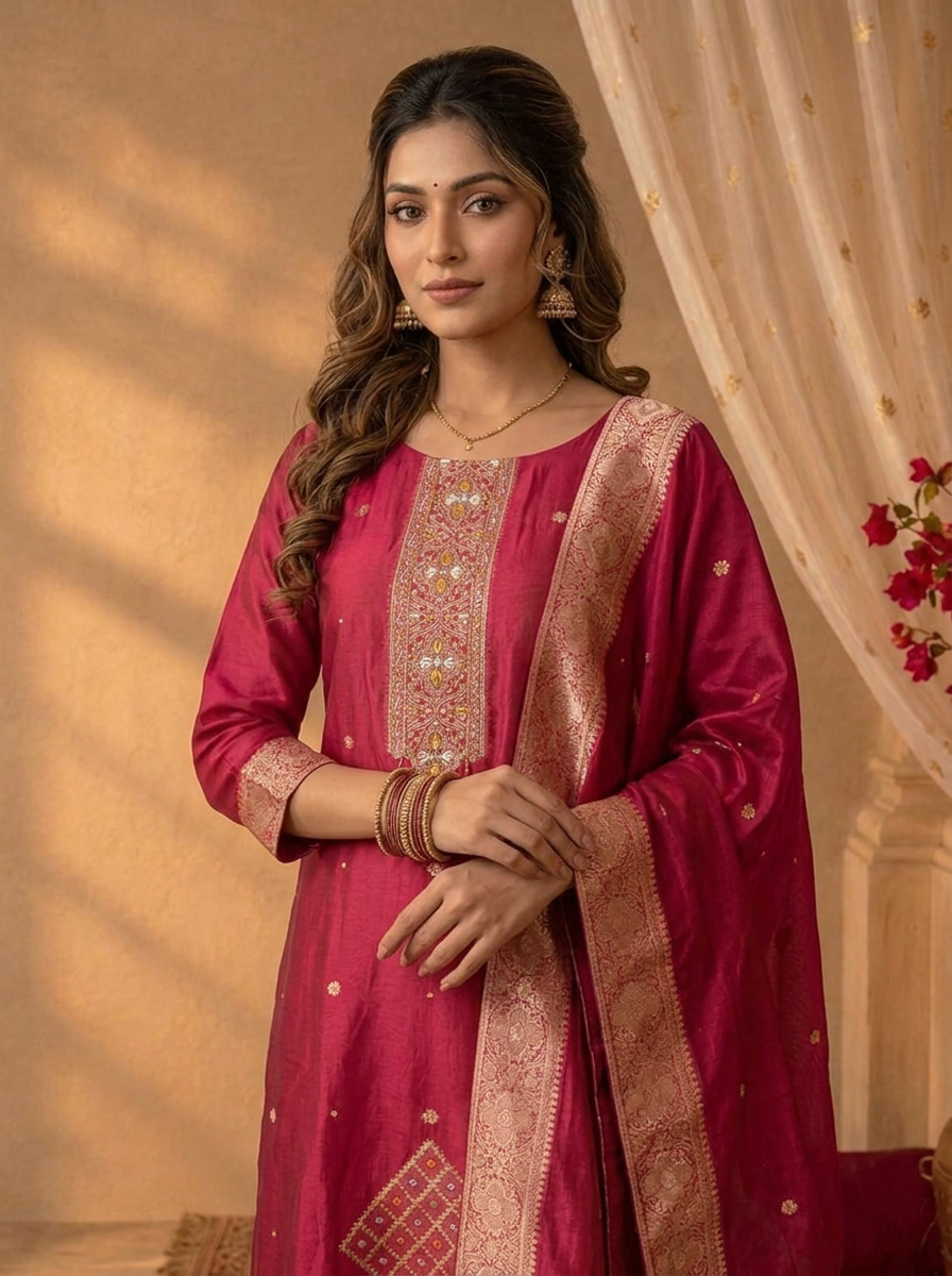 Magenta Silk Diamond Weaved Three Piece Set