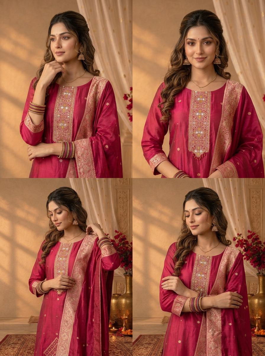 Magenta Silk Diamond Weaved Three Piece Set