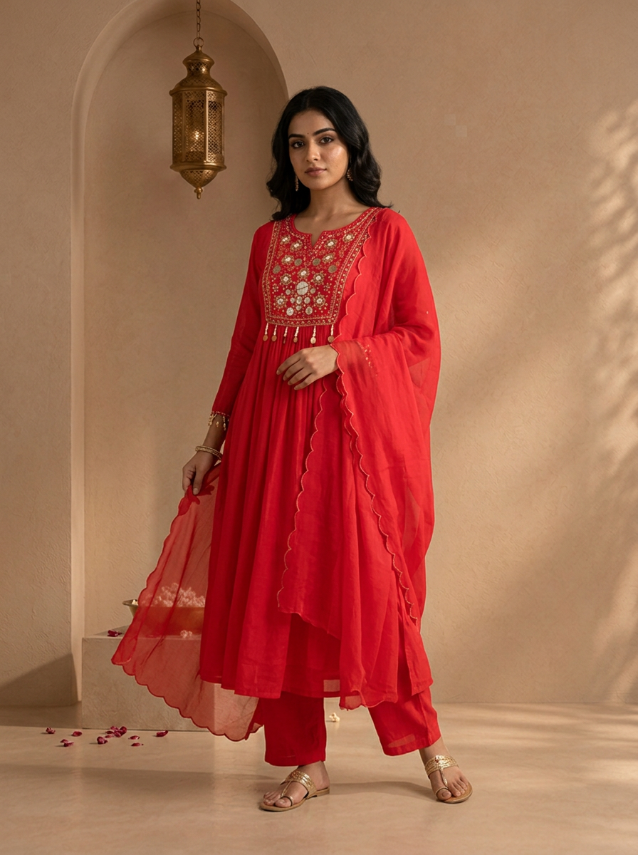 Rani Pink Chanderi Solid With Sequins Embroidered Three Piece Set