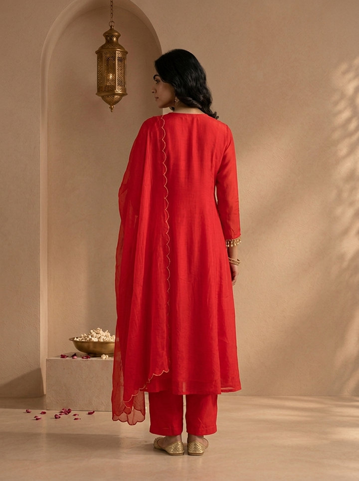 Rani Pink Chanderi Solid With Sequins Embroidered Three Piece Set