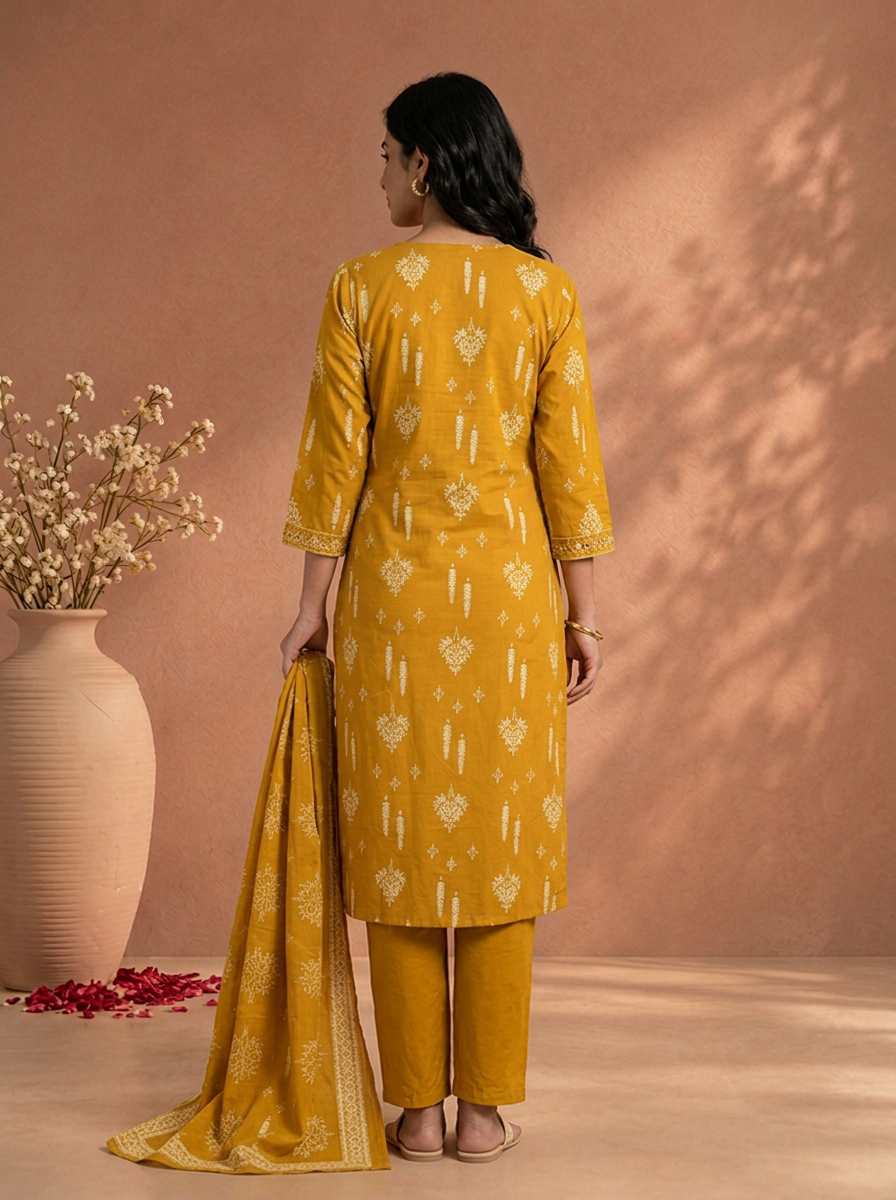 Mustard Cotton Mughal Tree Printed Three Piece Set