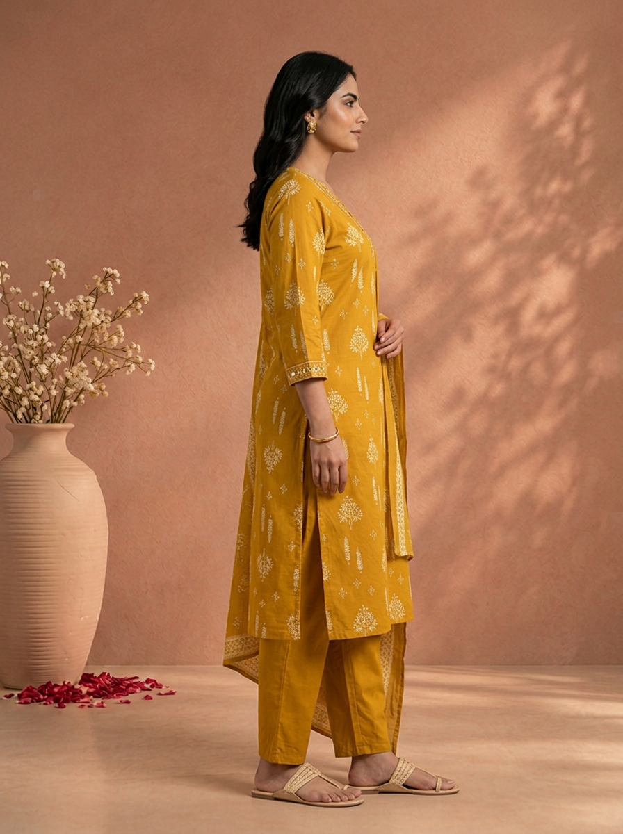Mustard Cotton Mughal Tree Printed Three Piece Set