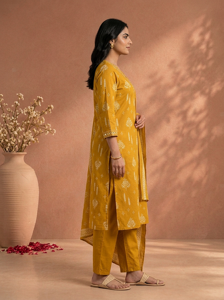 Mustard Cotton Mughal Tree Printed Three Piece Set
