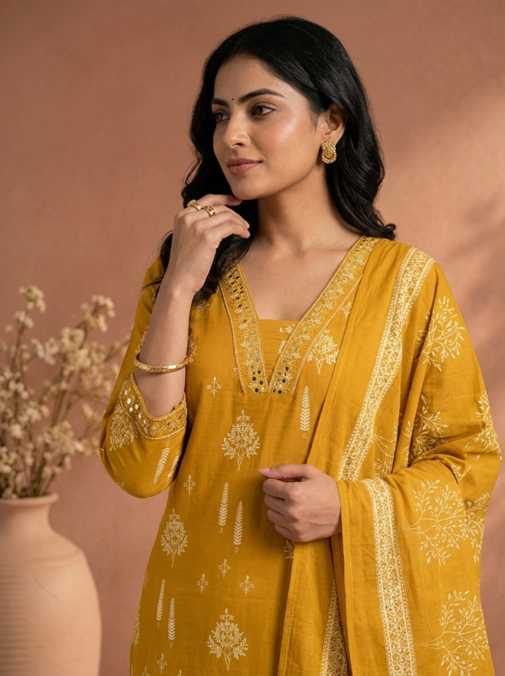 Mustard Cotton Mughal Tree Printed Three Piece Set