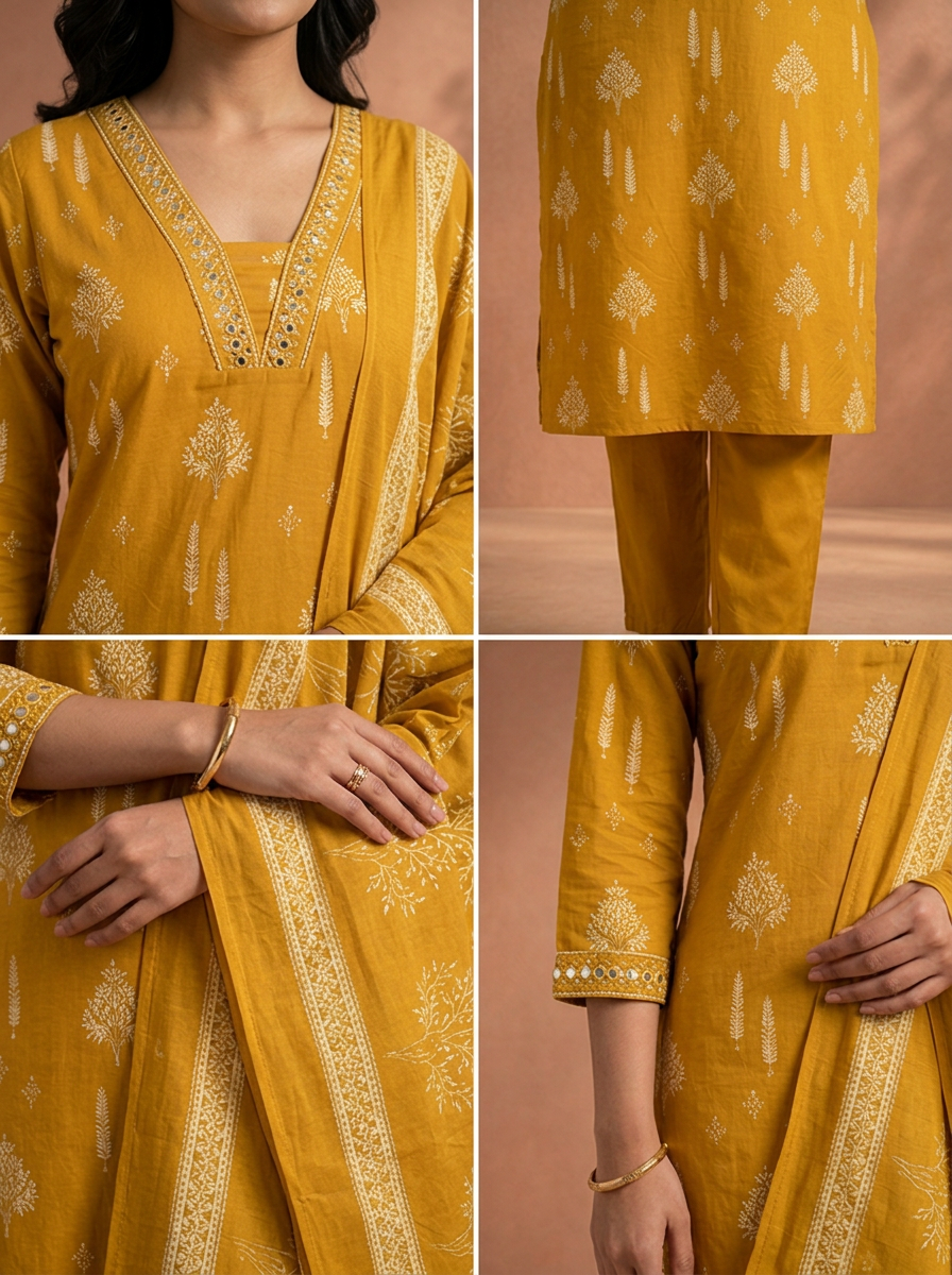 Mustard Cotton Mughal Tree Printed Three Piece Set