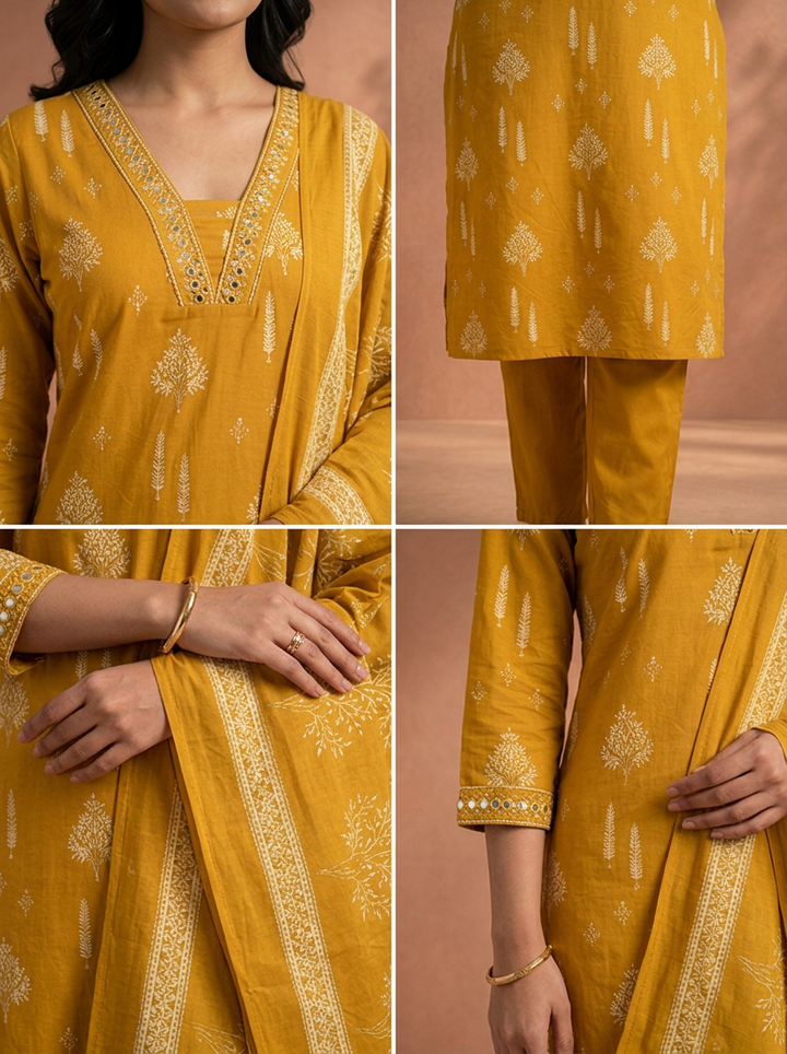 Mustard Cotton Mughal Tree Printed Three Piece Set
