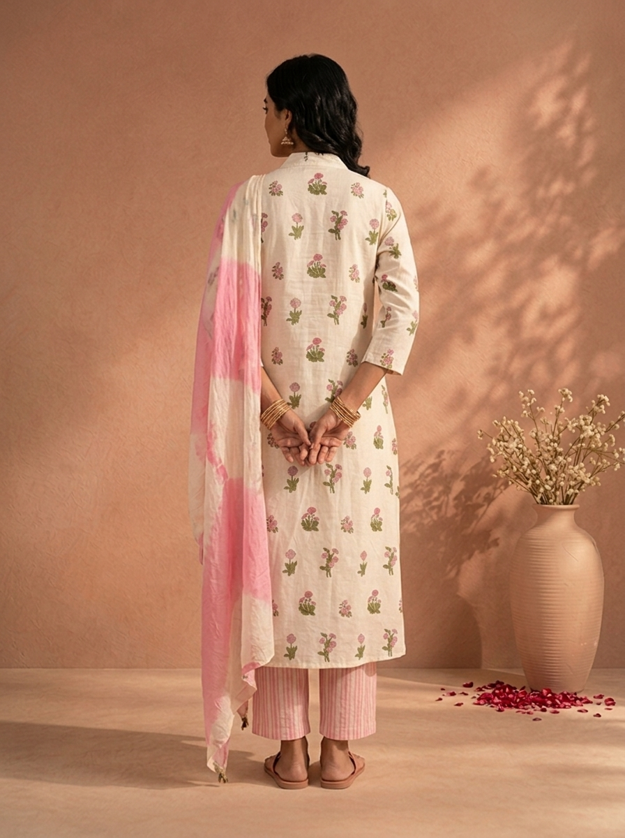 Baby Pink Cotton Floral Block Printed Three Piece Set