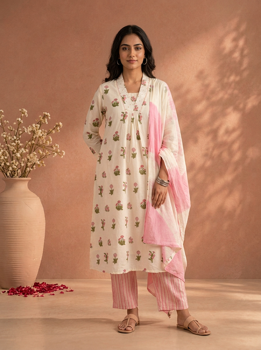 Baby Pink Cotton Floral Block Printed Three Piece Set