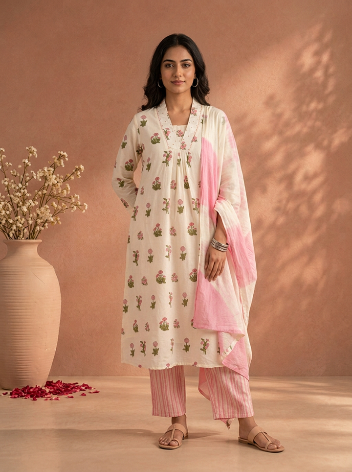 Baby Pink Cotton Floral Block Printed Three Piece Set