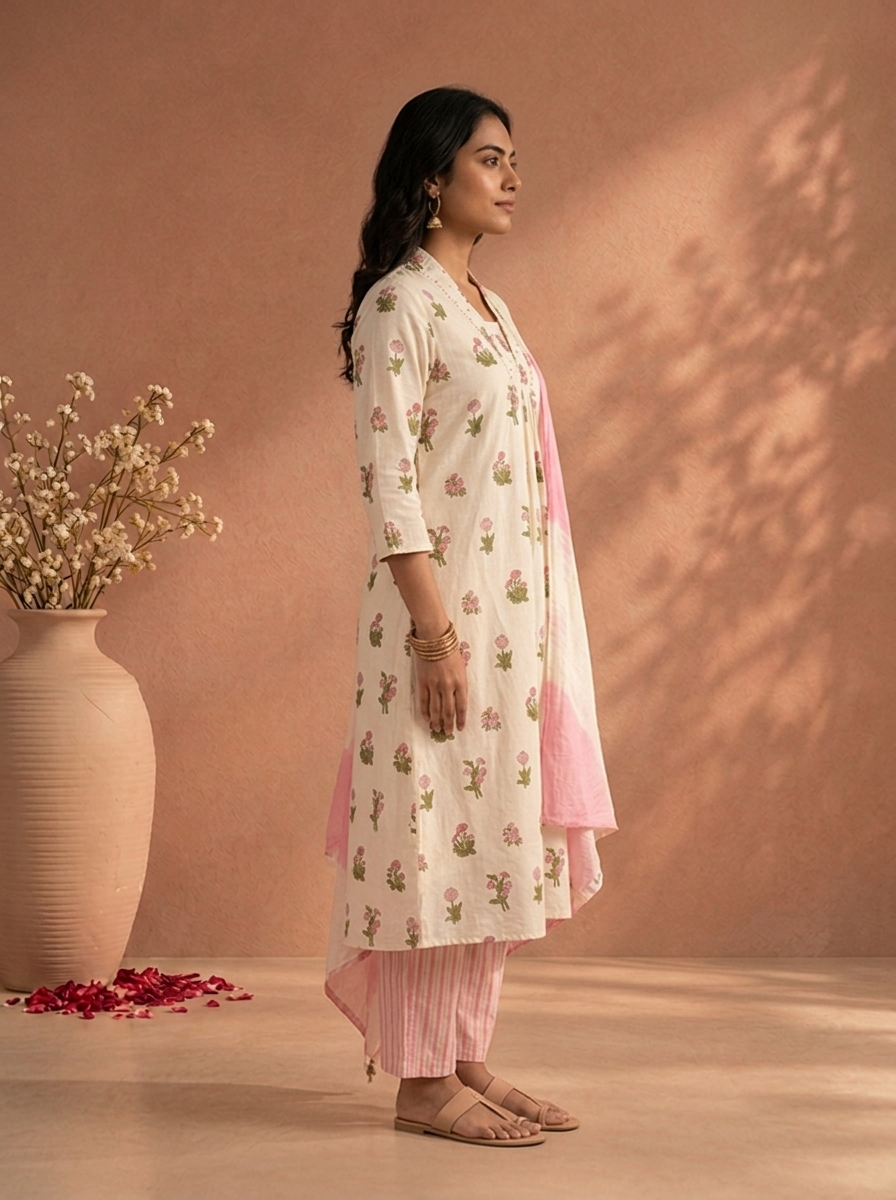 Baby Pink Cotton Floral Block Printed Three Piece Set