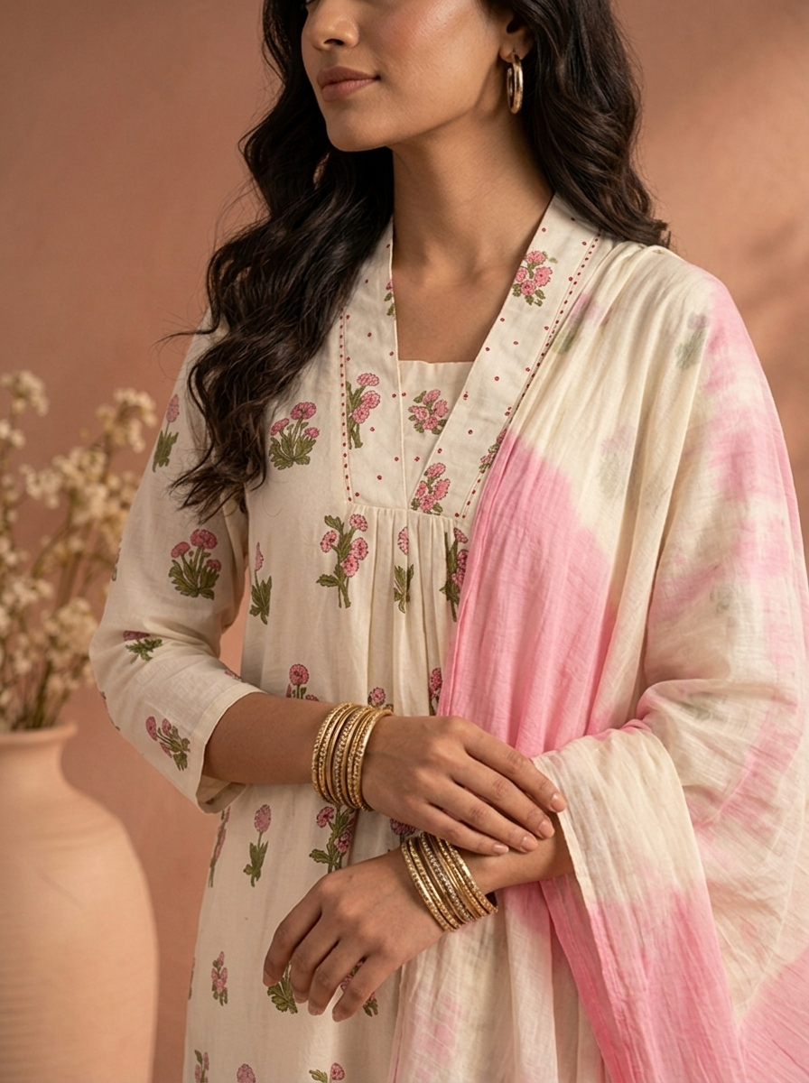 Baby Pink Cotton Floral Block Printed Three Piece Set