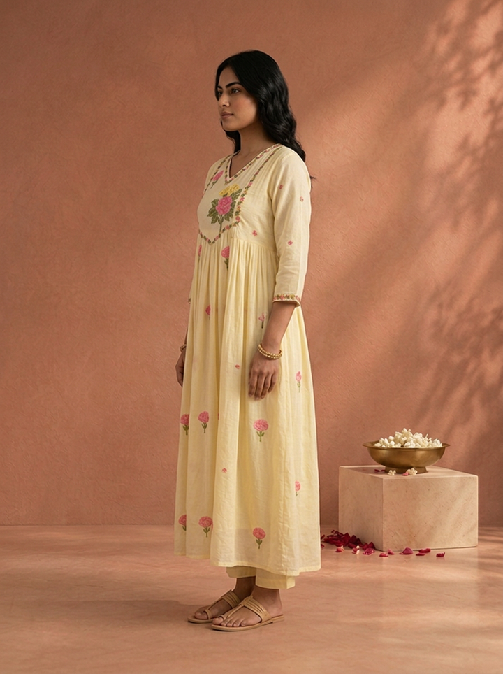 Yellow Cotton Floral Embroidered Three Piece Set