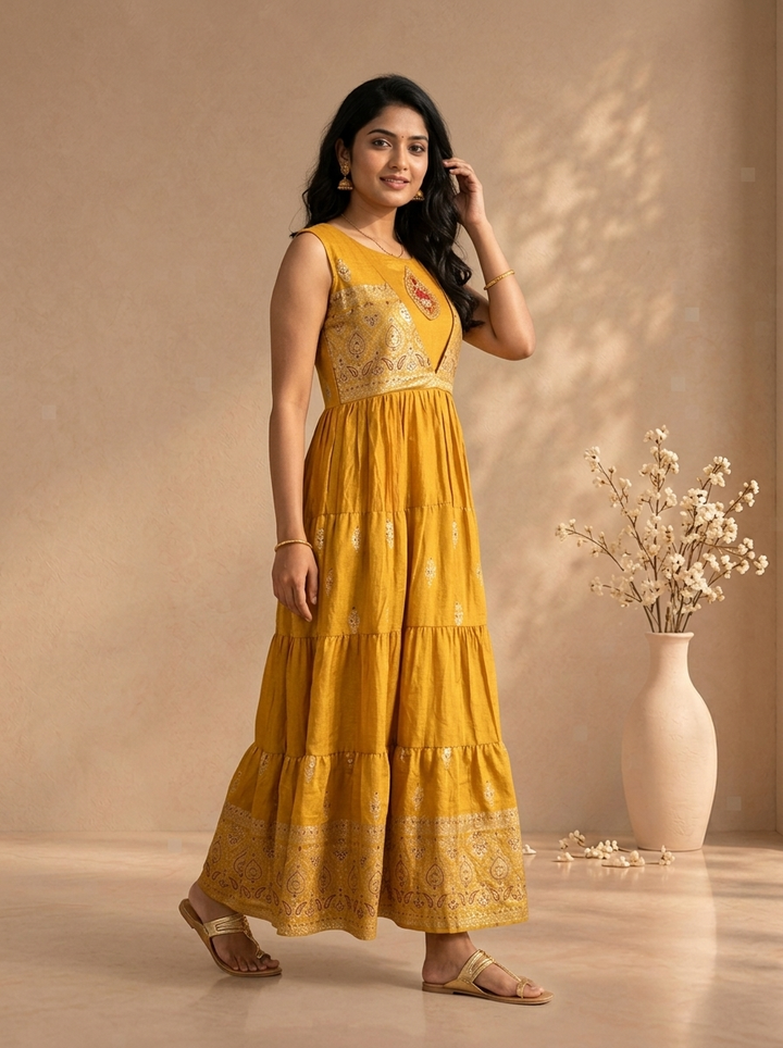 Mustard Modal Zari Brocade Printed Long Dress