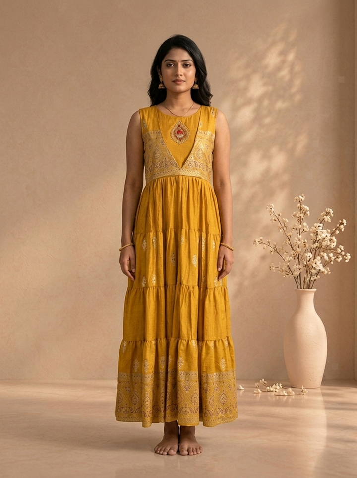 Mustard Modal Zari Brocade Printed Long Dress