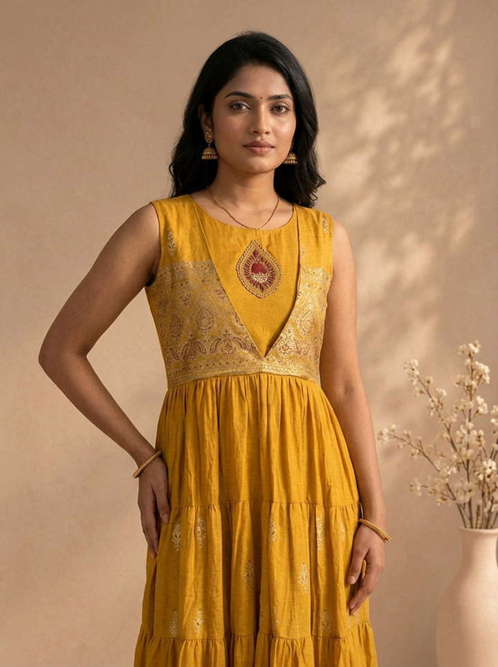 Mustard Modal Zari Brocade Printed Long Dress