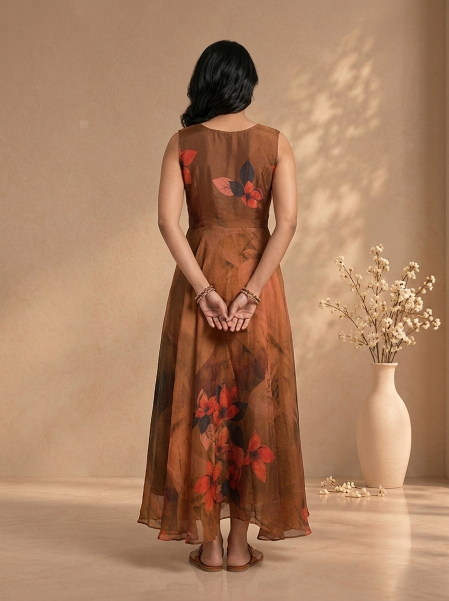Brown Tissue Digital Floral Printed Long Dress