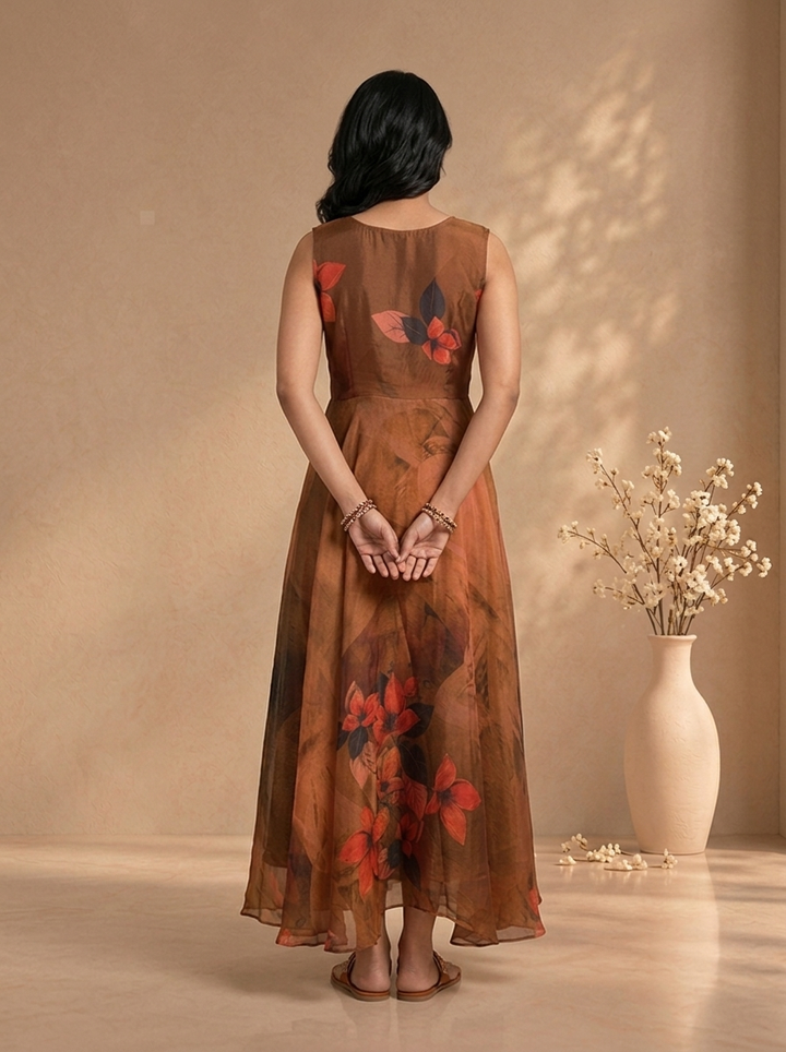 Brown Tissue Digital Floral Printed Long Dress
