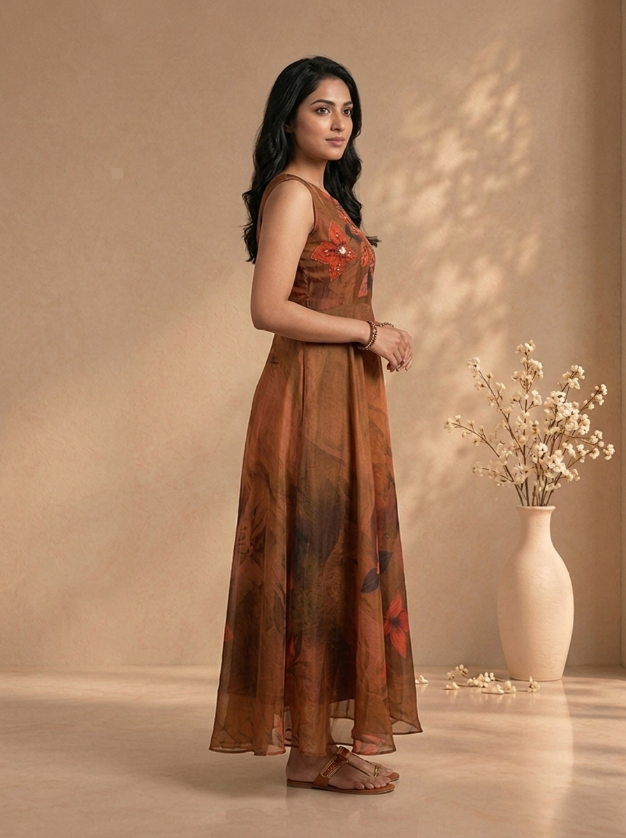 Brown Tissue Digital Floral Printed Long Dress