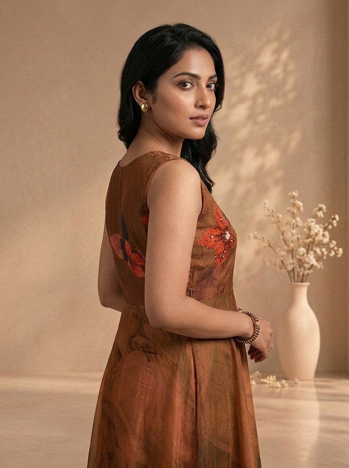 Brown Tissue Digital Floral Printed Long Dress