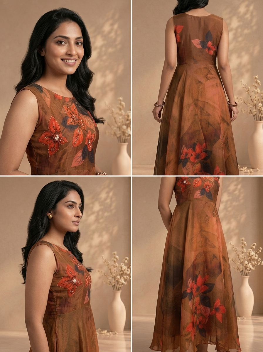 Brown Tissue Digital Floral Printed Long Dress