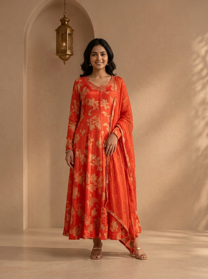 Rust Chinon Floral Brocade Printed Three Piece Set