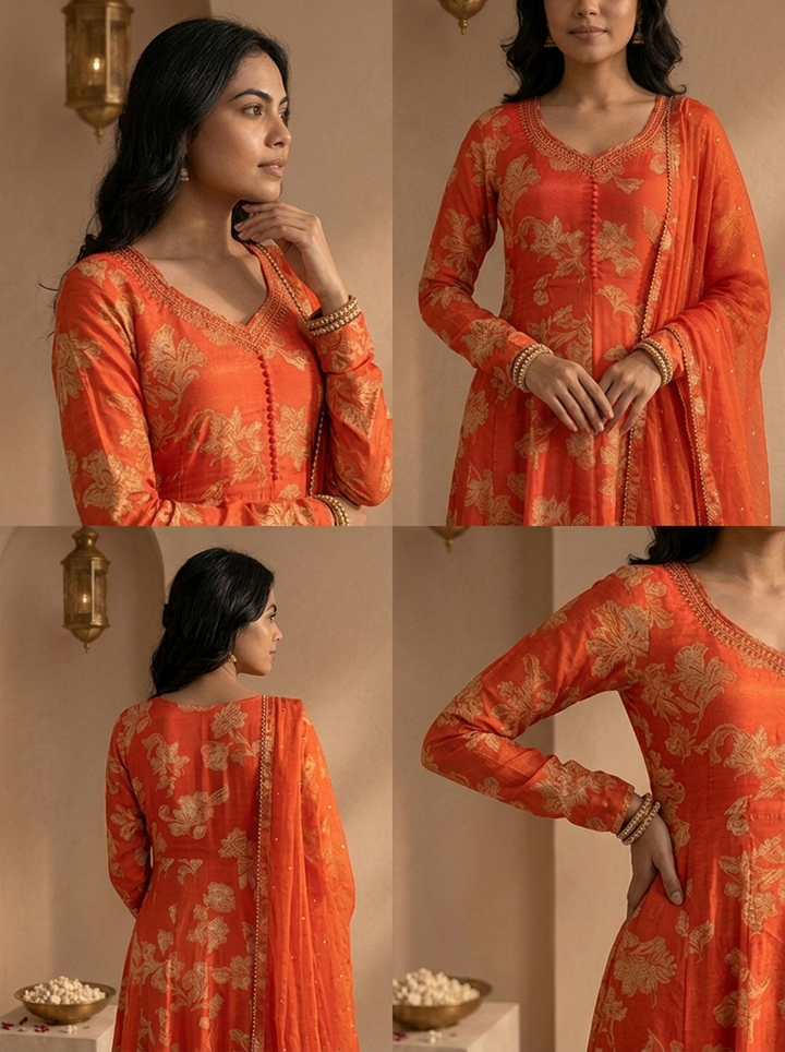 Rust Chinon Floral Brocade Printed Three Piece Set