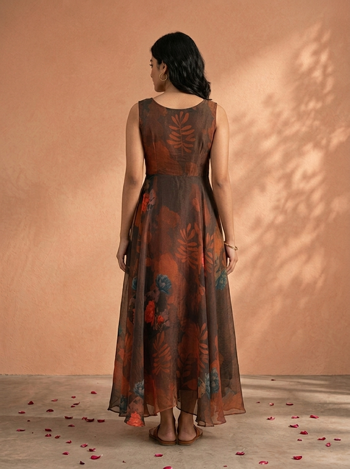 Off Black Tissue Large Floral Digital Printed Long Dress