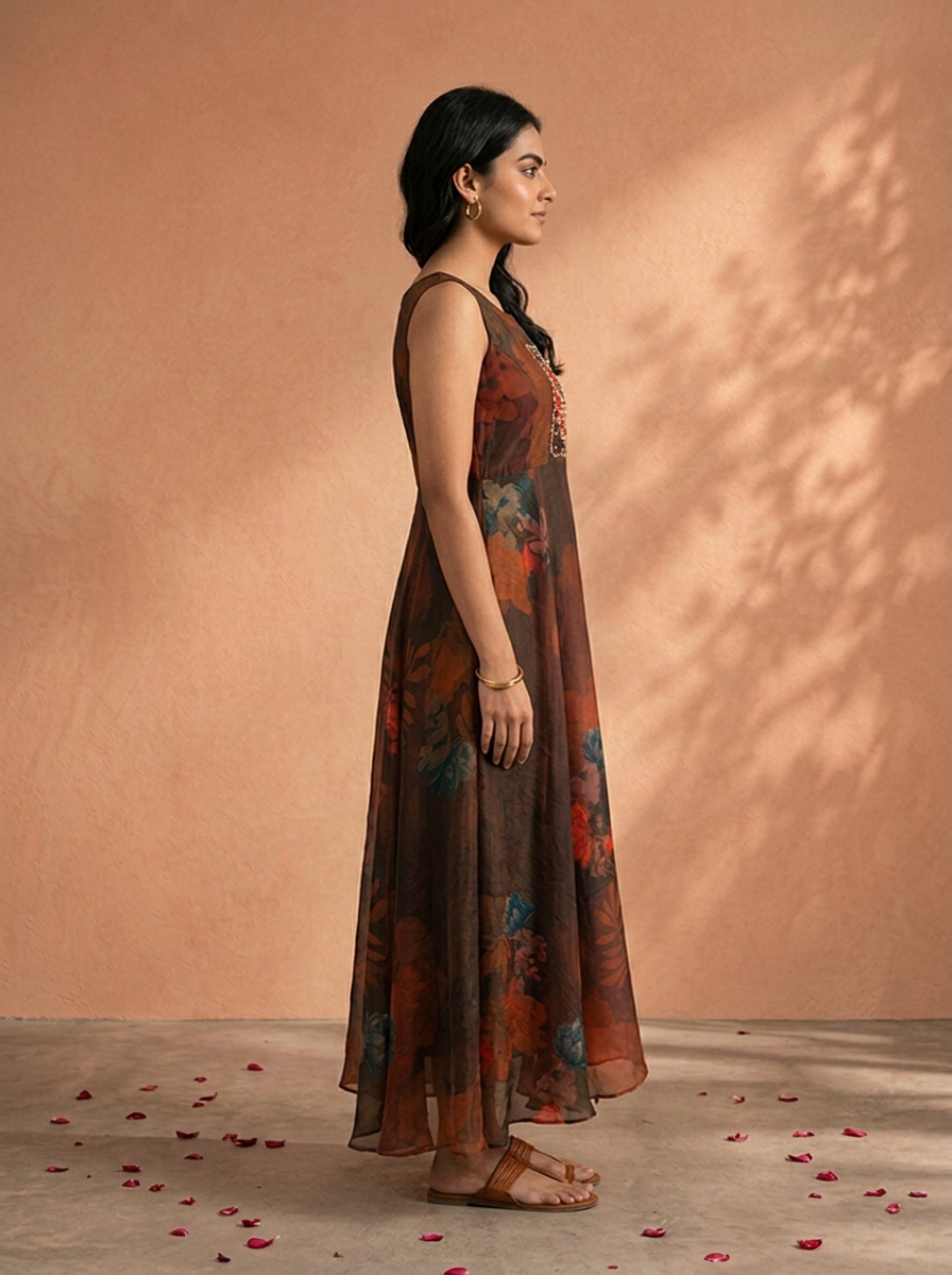 Off Black Tissue Large Floral Digital Printed Long Dress