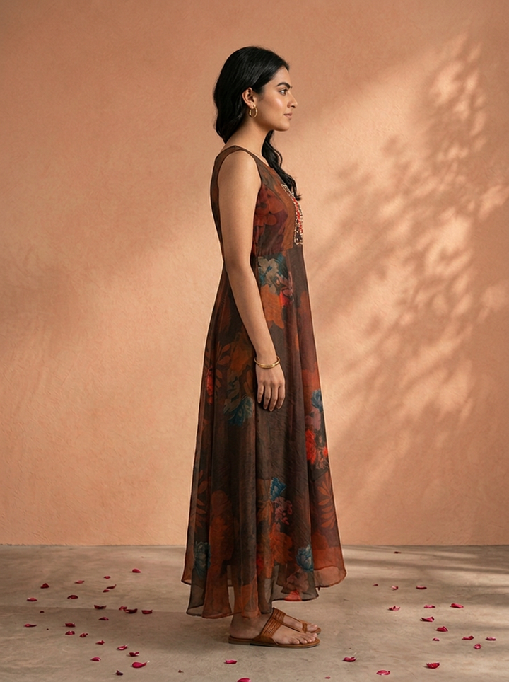 Off Black Tissue Large Floral Digital Printed Long Dress