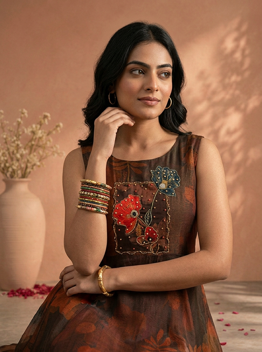 Off Black Tissue Large Floral Digital Printed Long Dress