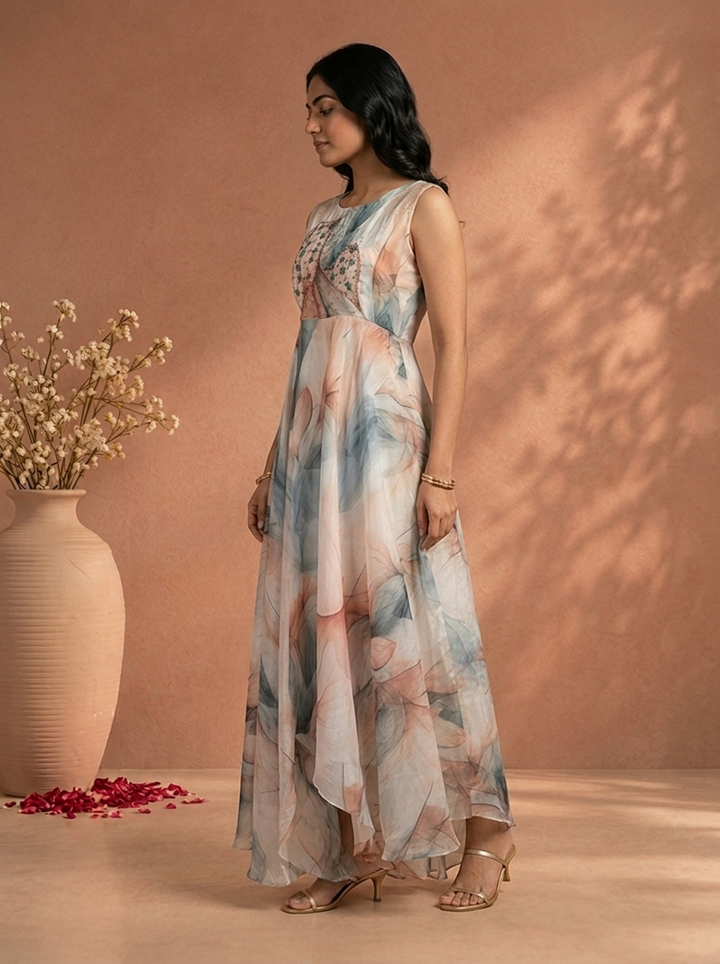 Off White Crepe Watercolor Leaf Digital Printed Long Dress