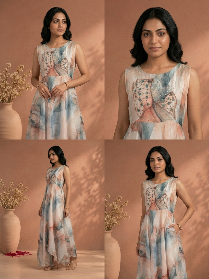 Off White Crepe Watercolor Leaf Digital Printed Long Dress