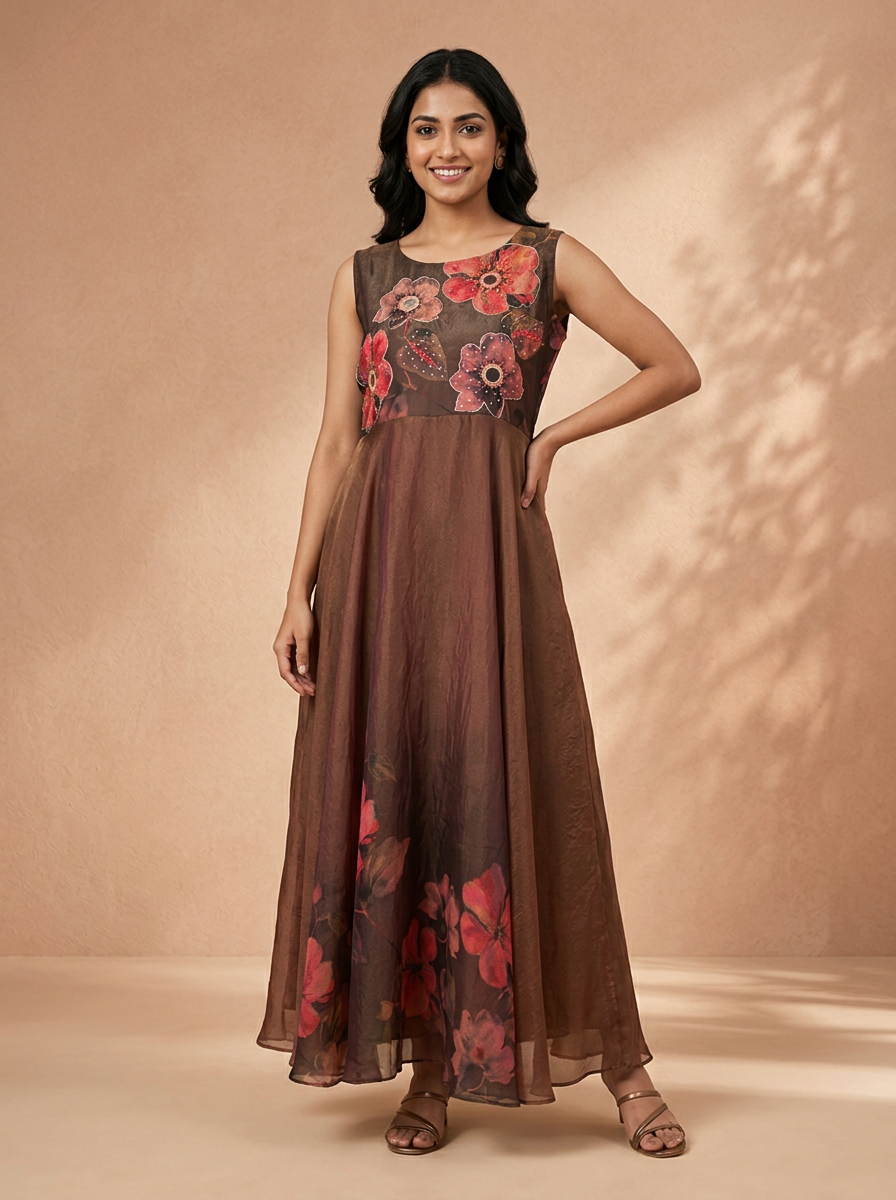 Choclate Tissue Floral Digital Printed Long Dress