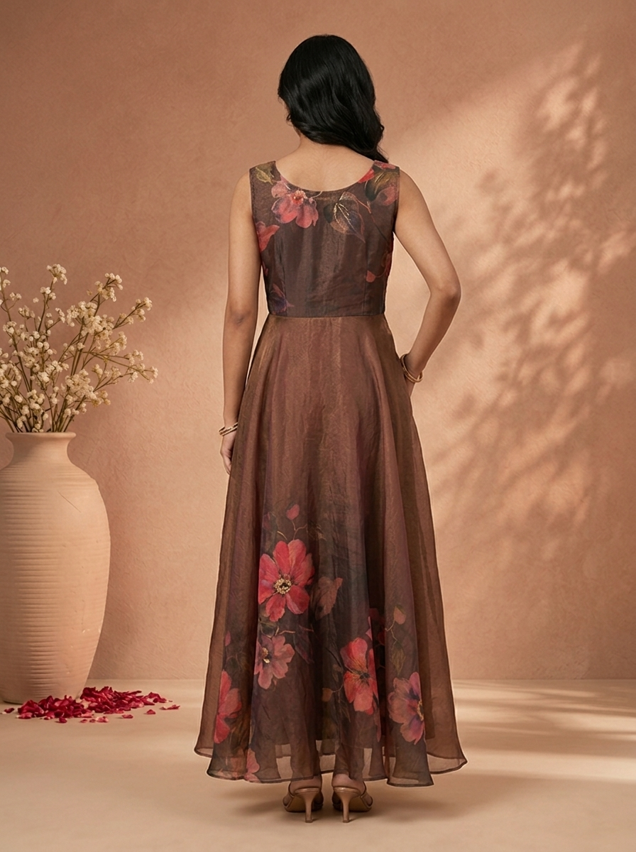 Choclate Tissue Floral Digital Printed Long Dress