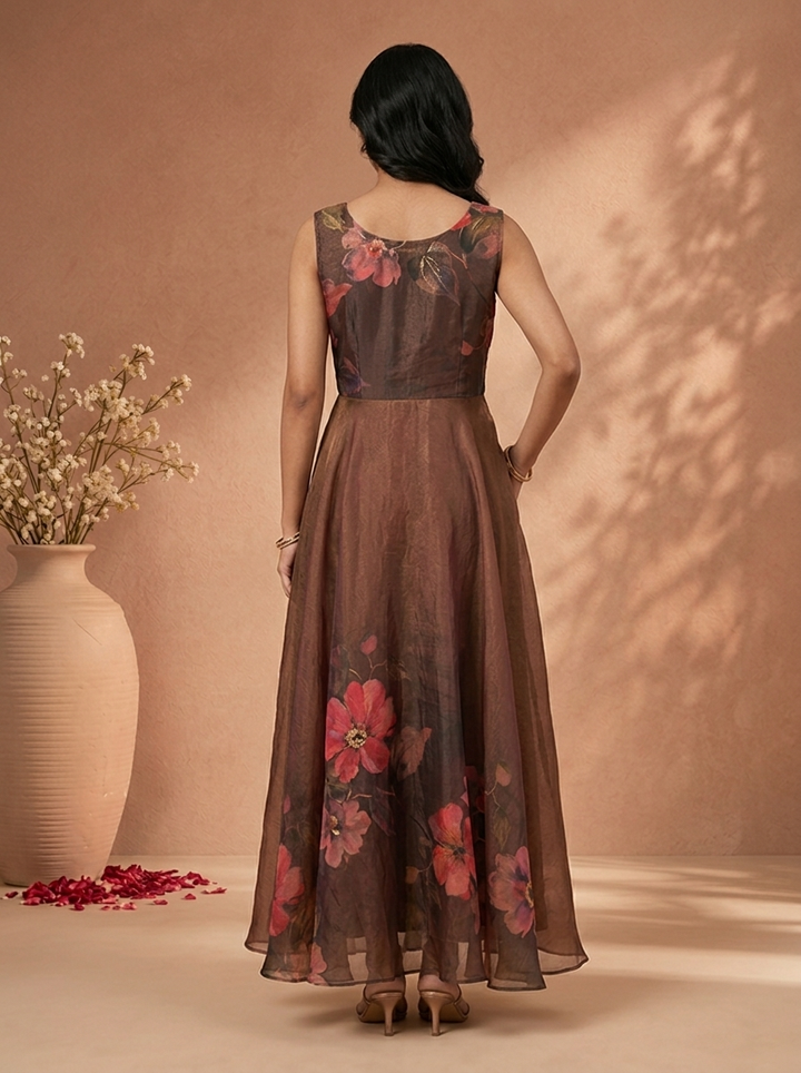 Choclate Tissue Floral Digital Printed Long Dress