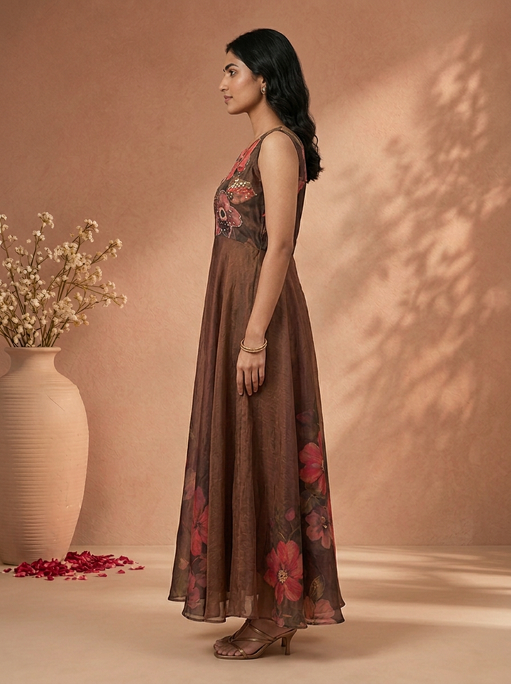 Choclate Tissue Floral Digital Printed Long Dress