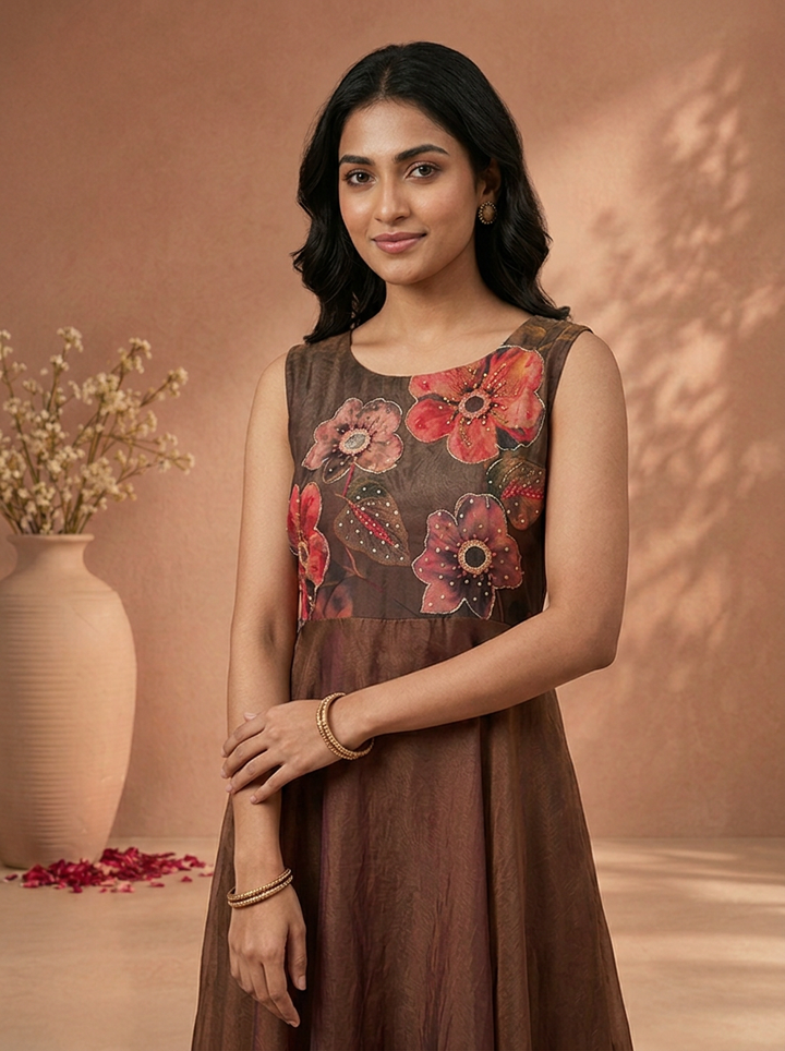 Choclate Tissue Floral Digital Printed Long Dress