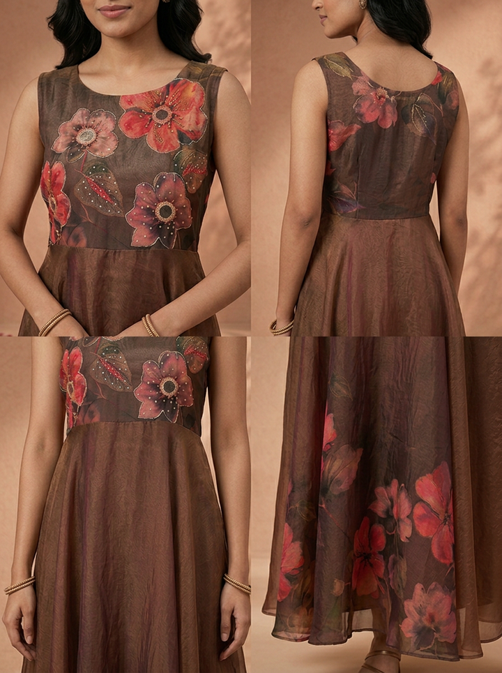 Choclate Tissue Floral Digital Printed Long Dress