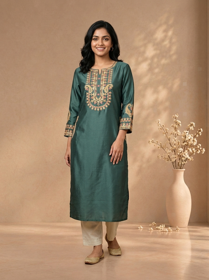 Aqua Green Rayon Kashmiri Paisley Embroidered Kurta