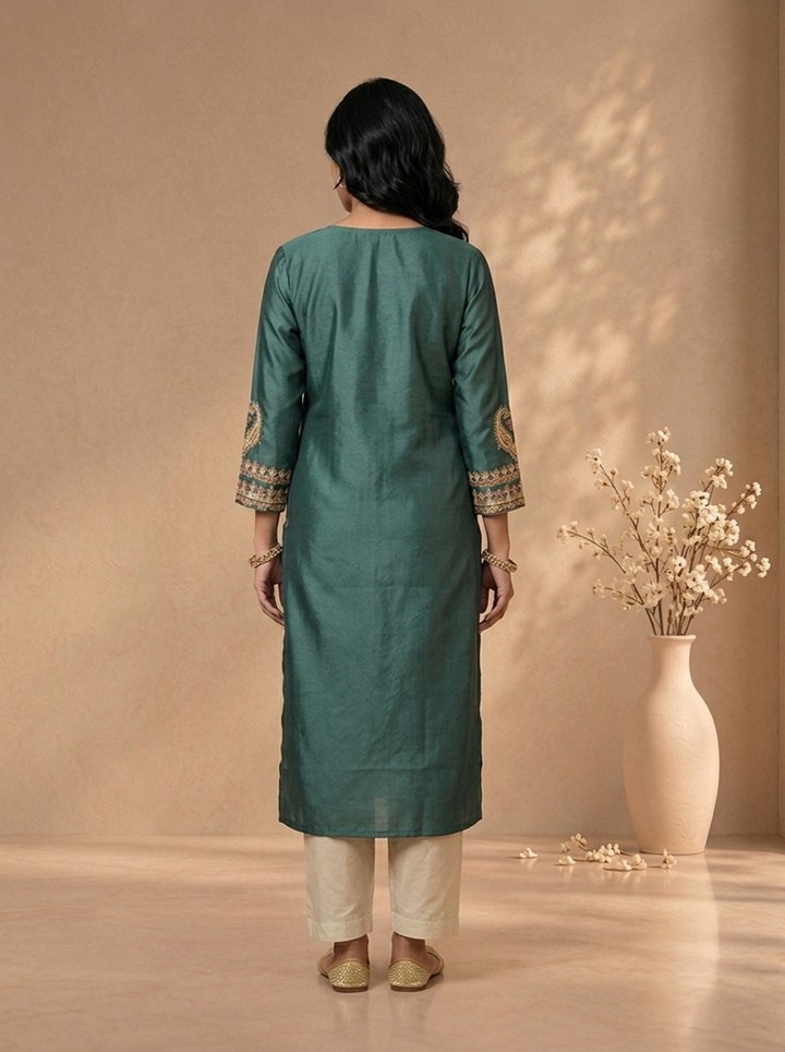 Aqua Green Rayon Kashmiri Paisley Embroidered Kurta