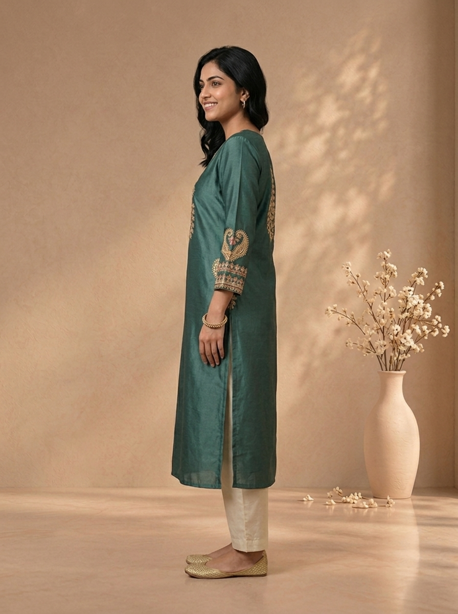 Aqua Green Rayon Kashmiri Paisley Embroidered Kurta