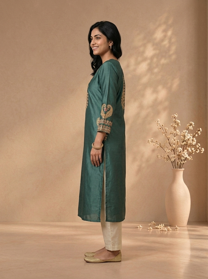 Aqua Green Rayon Kashmiri Paisley Embroidered Kurta