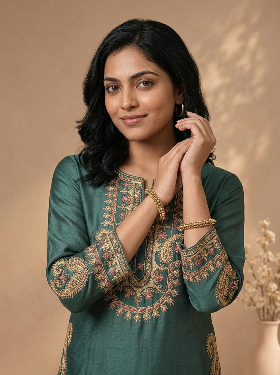 Aqua Green Rayon Kashmiri Paisley Embroidered Kurta