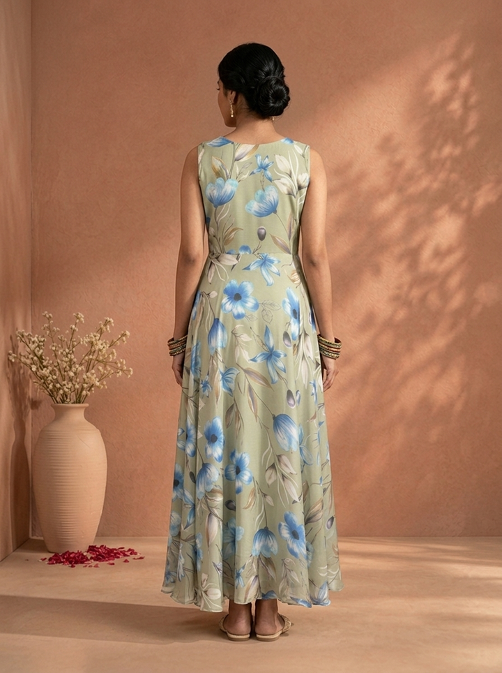 Pista Crepe Large Floral Digital Printed Long Dress