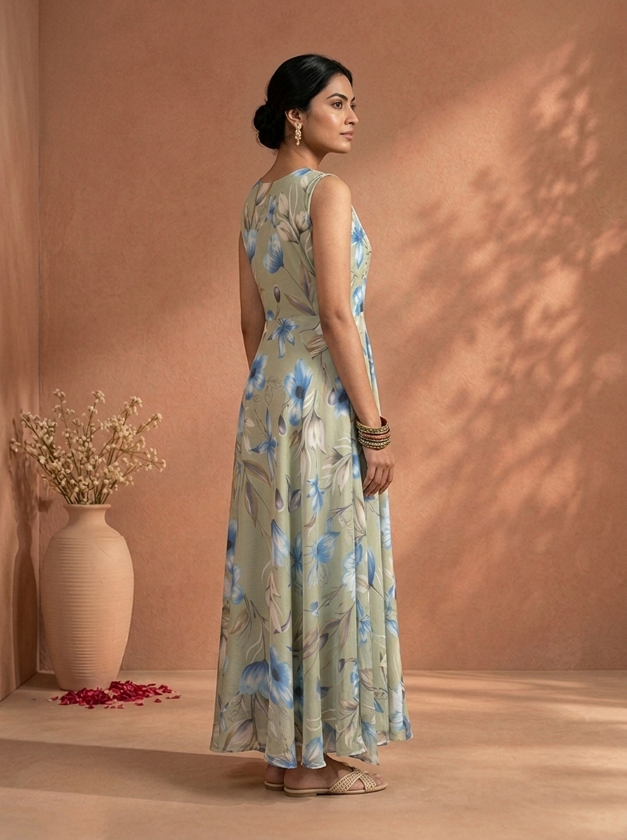 Pista Crepe Large Floral Digital Printed Long Dress