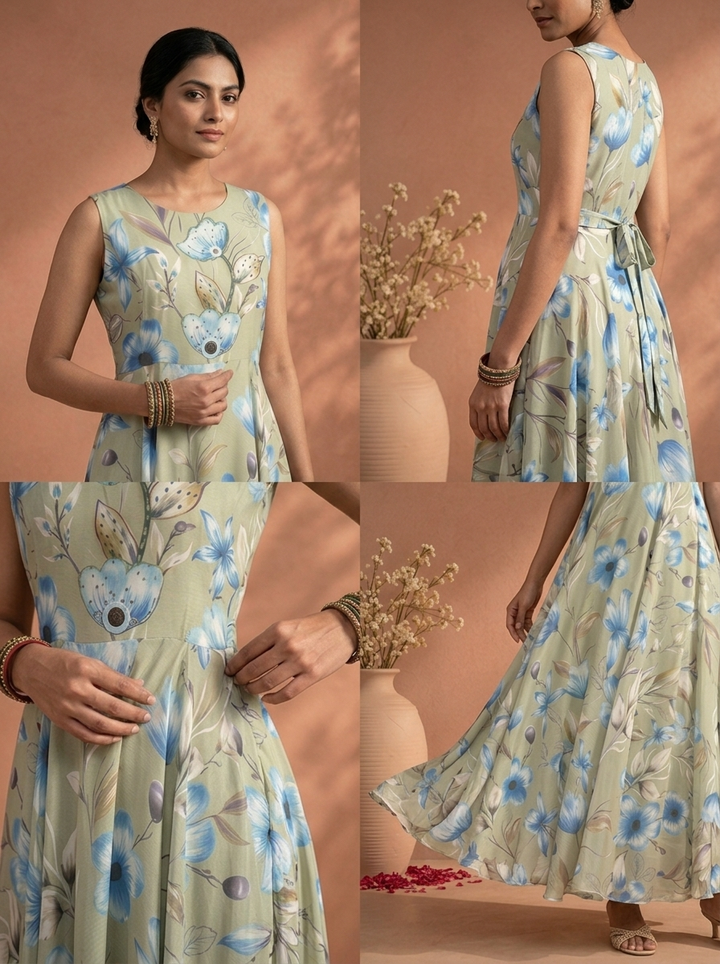 Pista Crepe Large Floral Digital Printed Long Dress