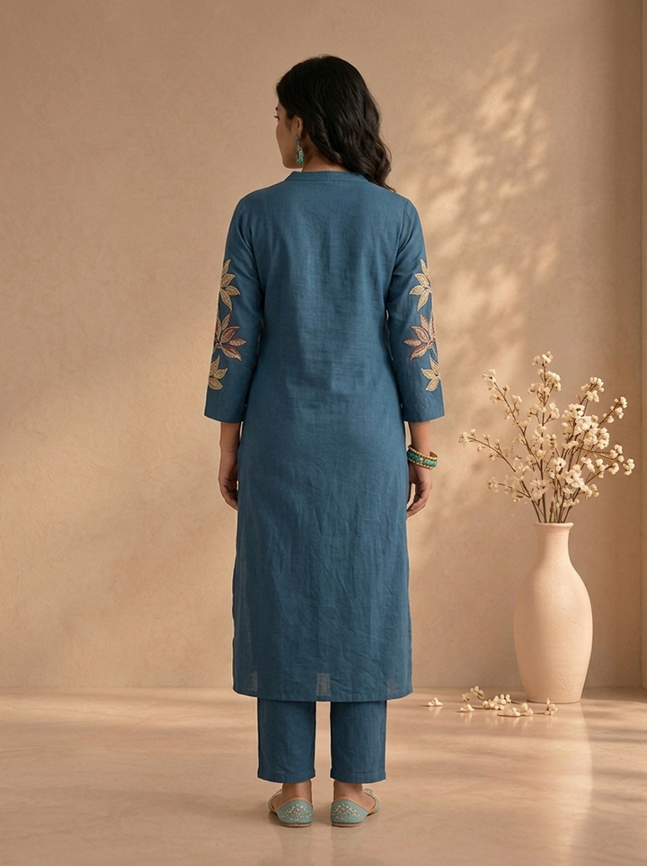 Teal Blue Cotton Lotus Floral Thread Embroidered Two Piece Set