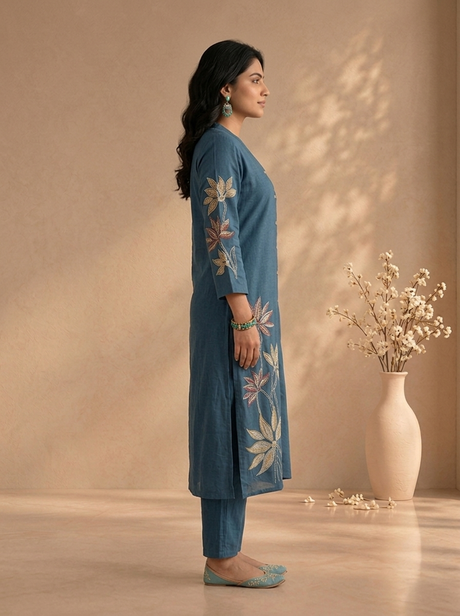 Teal Blue Cotton Lotus Floral Thread Embroidered Two Piece Set