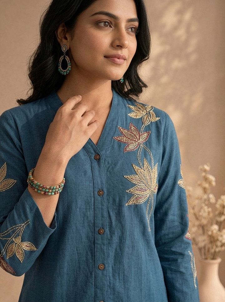 Teal Blue Cotton Lotus Floral Thread Embroidered Two Piece Set