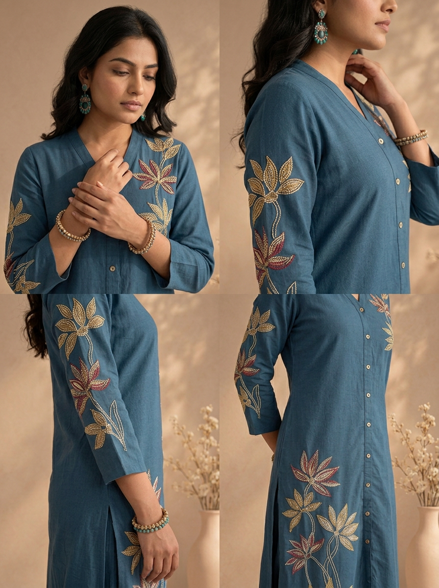 Teal Blue Cotton Lotus Floral Thread Embroidered Two Piece Set